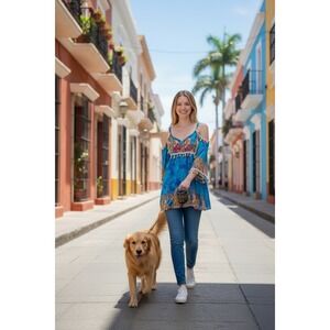 Velzera Cold Shoulder Tunic Womens Medium Blue Tie Dye Tassel Boho Festival Top